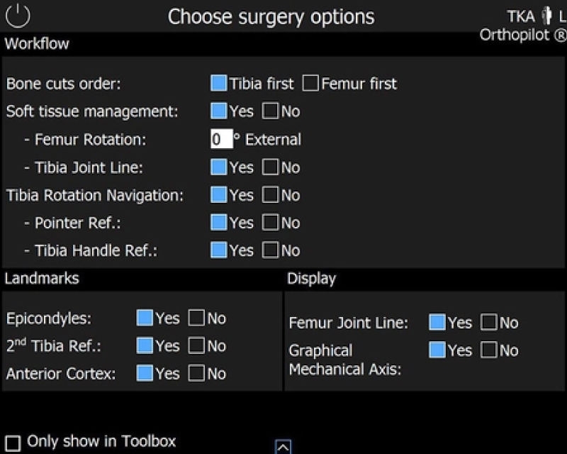 OrthoPilot® TKA ソフトウェアのスクリーンショット - 手術オプションの選択